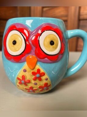 Blue Owl Ceramic Accent Mug with Red and Yellow Details. Makes you happy 😀